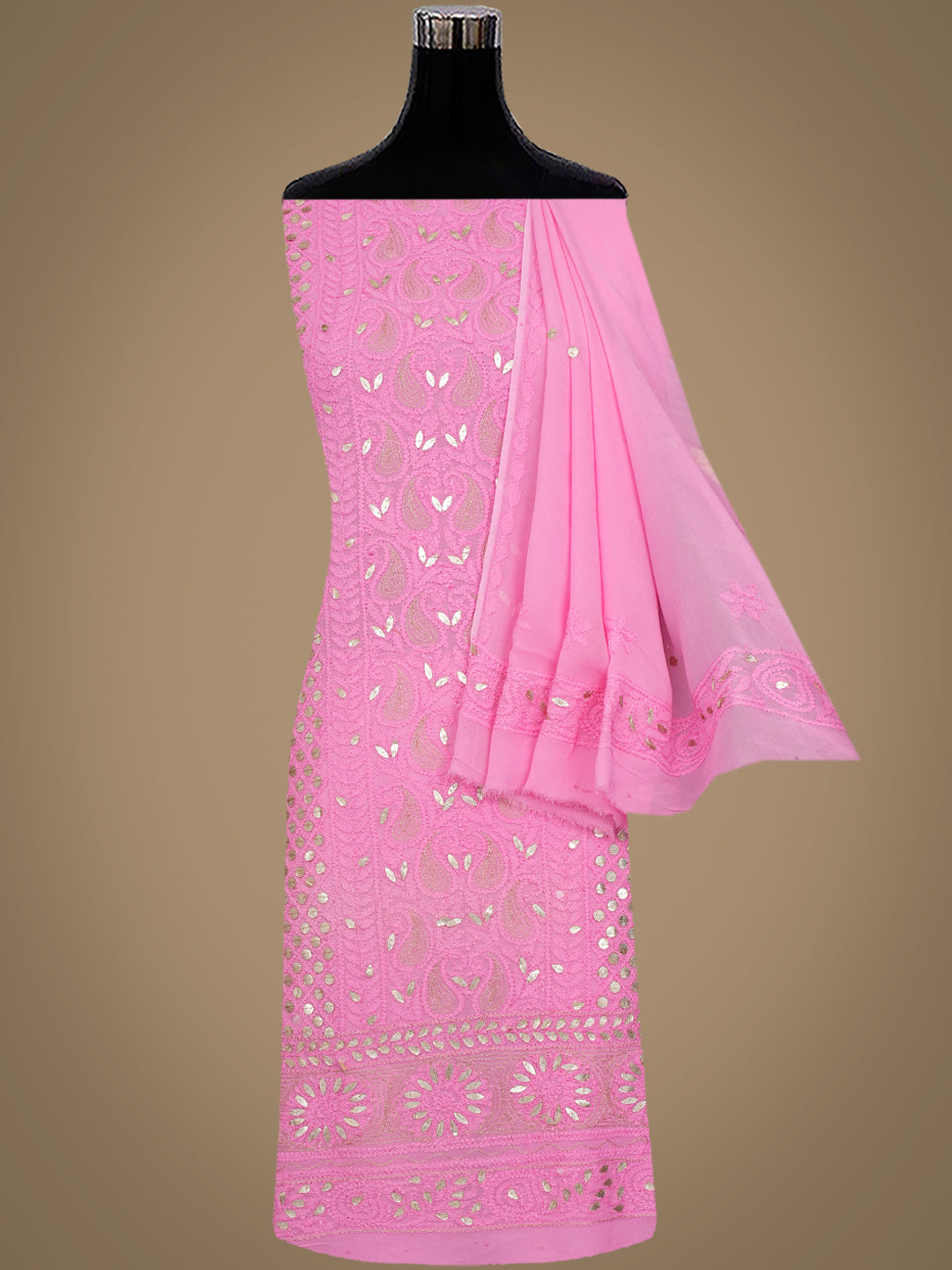 Ada Hand Embroidered Pink Viscose Georgette Lucknowi Chikankari Unstitched Kurta Dupatta Set With Gota Patti Work 01A984090
