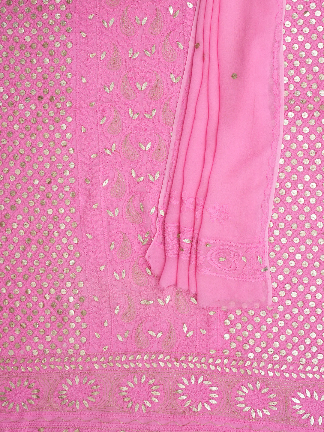 Ada Hand Embroidered Pink Viscose Georgette Lucknowi Chikankari Unstitched Kurta Dupatta Set With Gota Patti Work 01A984090