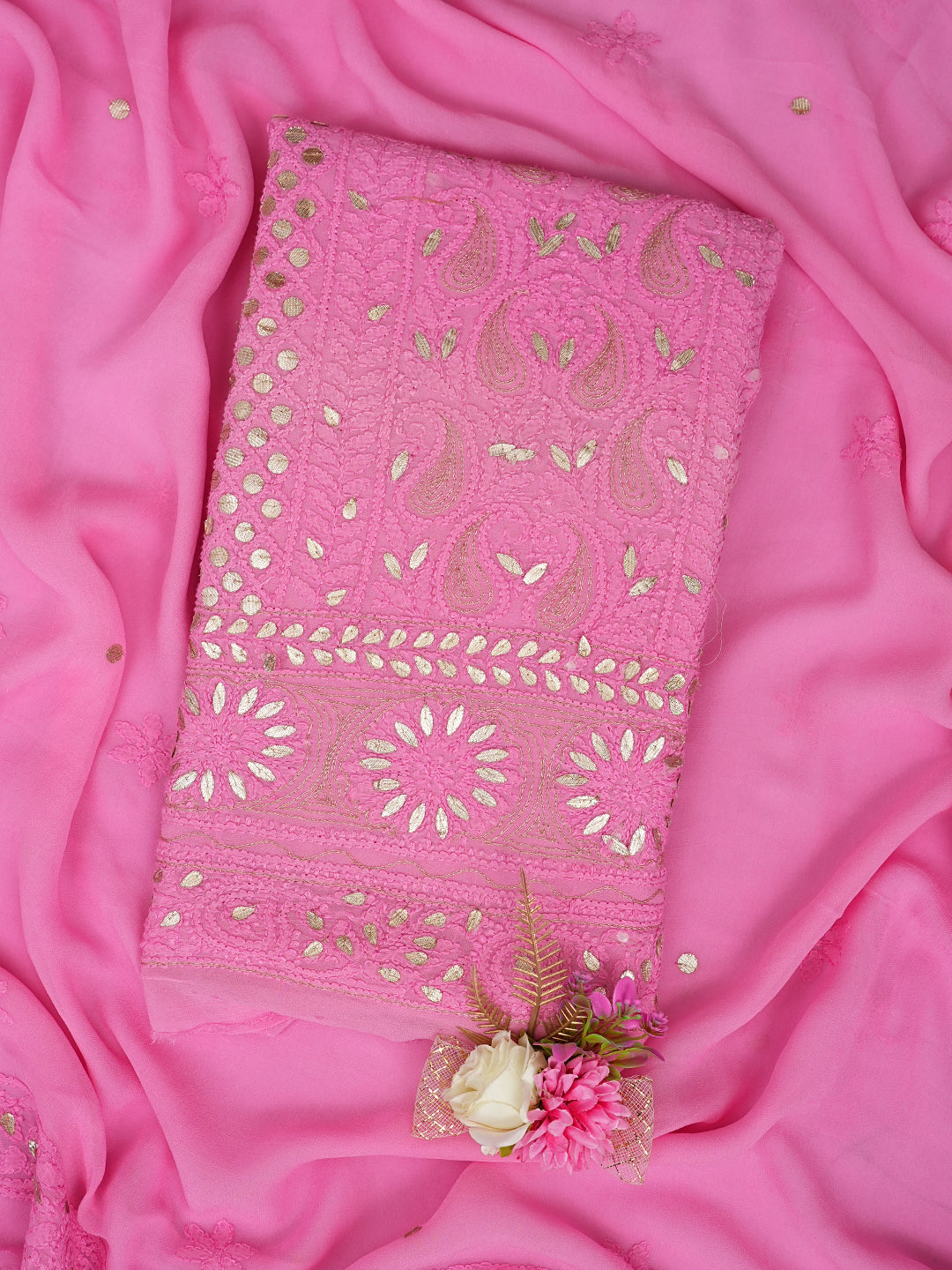 Ada Hand Embroidered Pink Viscose Georgette Lucknowi Chikankari Unstitched Kurta Dupatta Set With Gota Patti Work 01A984090