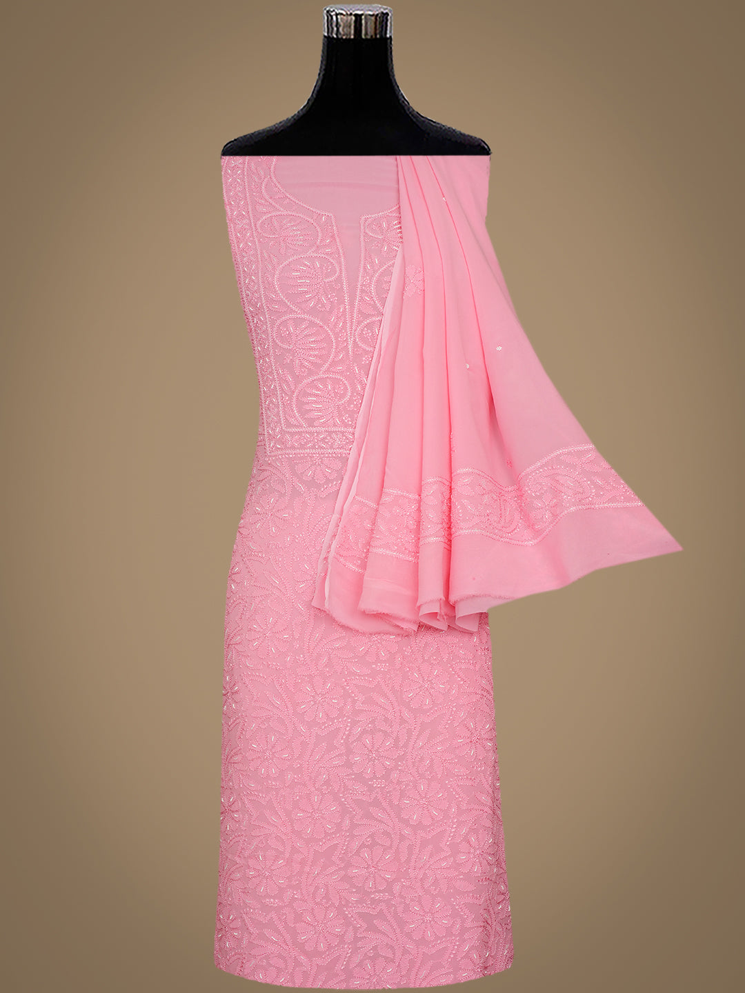 Pink Lucknowi Chikankari Unstitched Kurta Dupatta Set