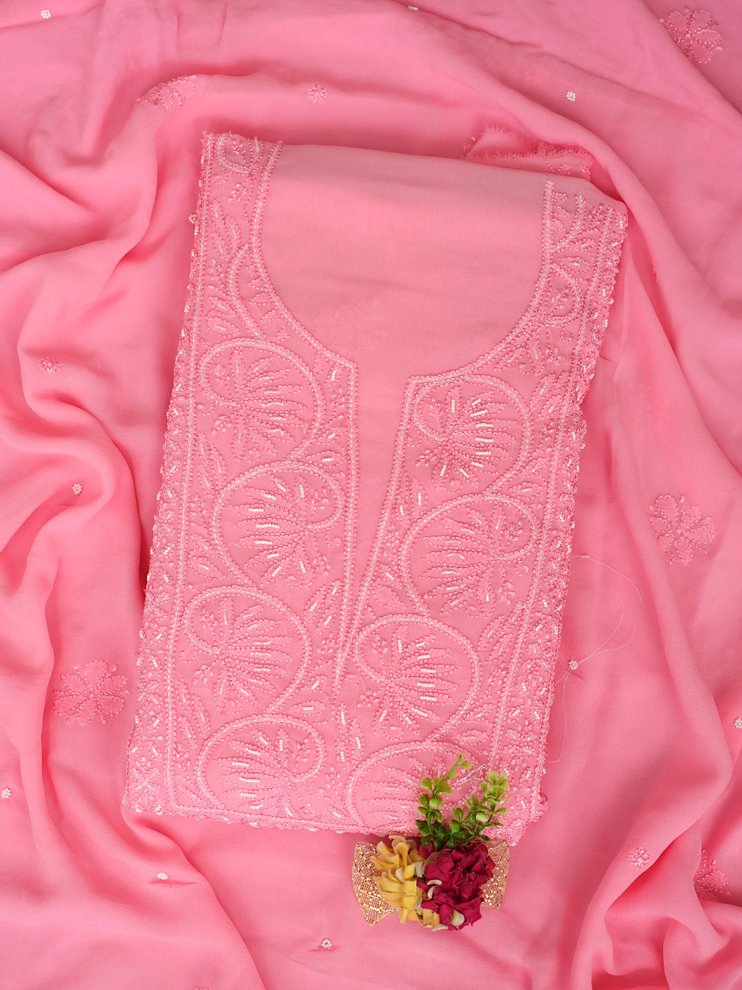Ada Hand Embroidered Pink Viscose Georgette Lucknowi Chikankari Unstitched Kurta Dupatta Set With Pearl Work 01A984110