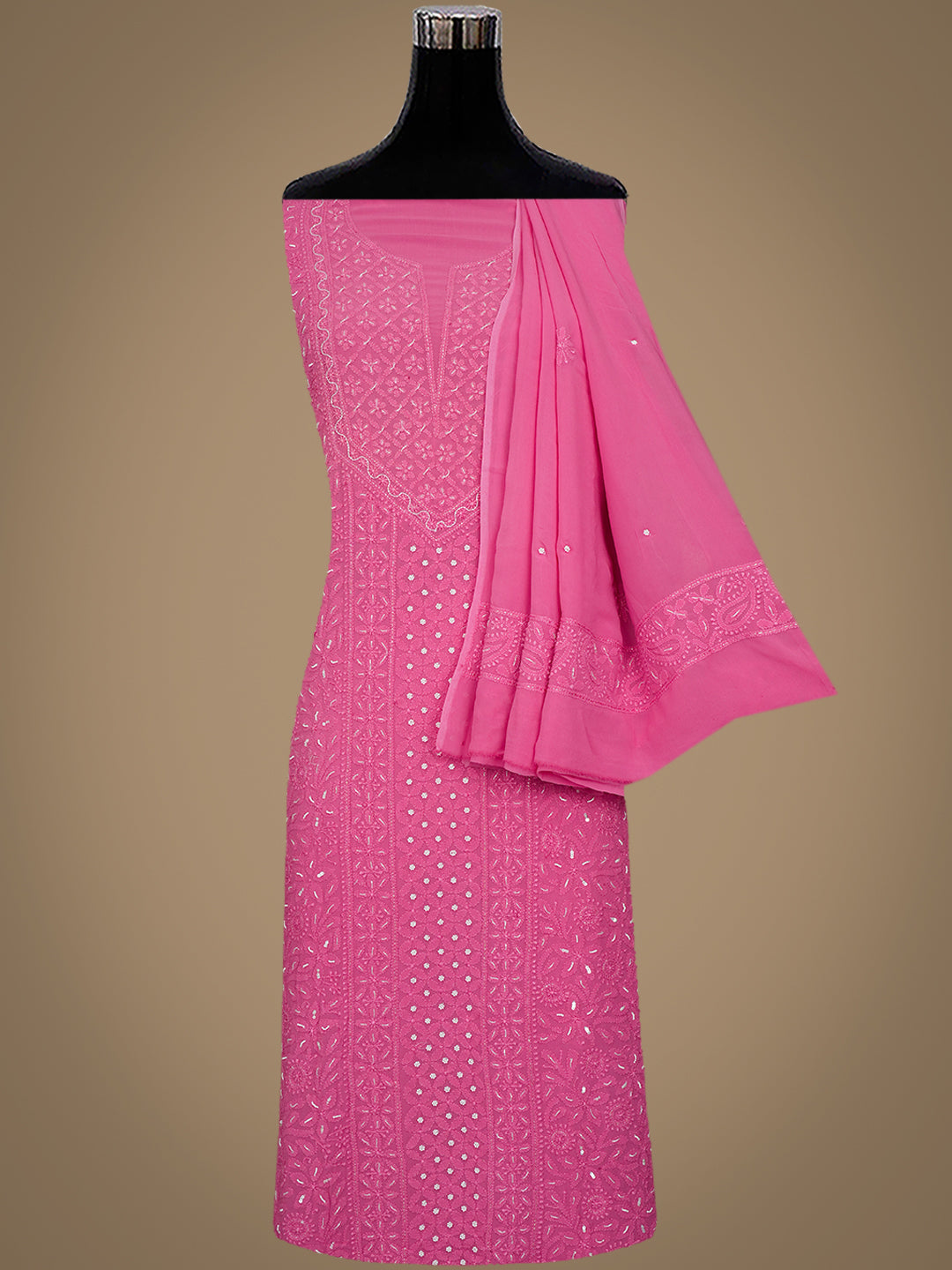 Ada Hand Embroidered Pink Viscose Georgette Lucknowi Chikankari Unstitched Kurta Dupatta Set With Pearl, Sequinned & Cutdana Work 01A933511