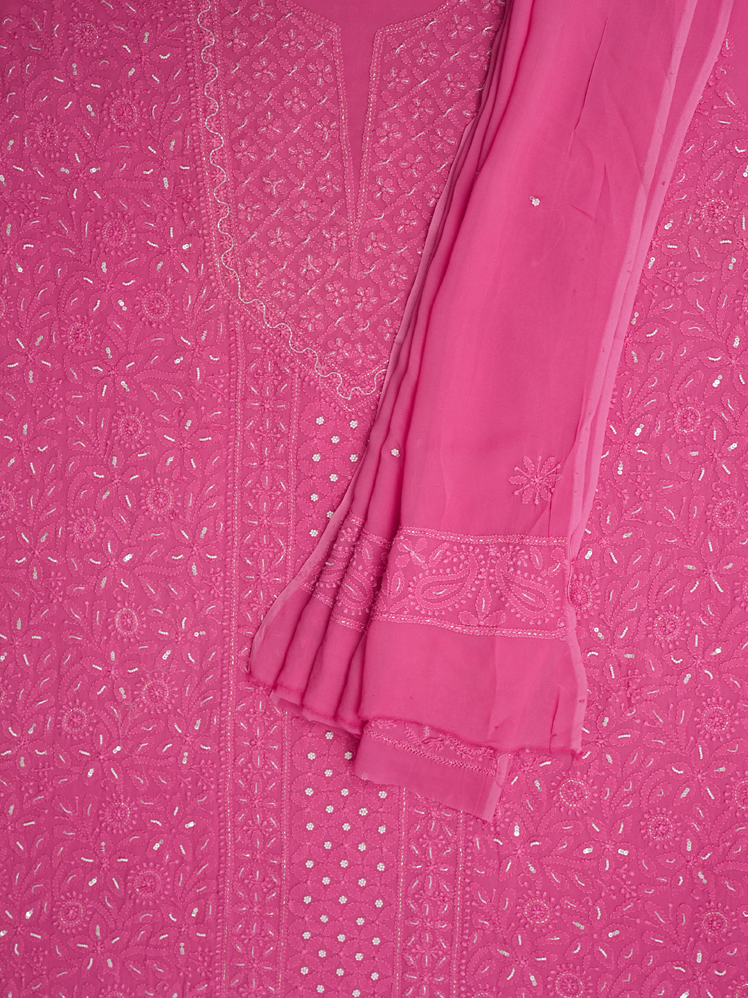 Ada Hand Embroidered Pink Viscose Georgette Lucknowi Chikankari Unstitched Kurta Dupatta Set With Pearl, Sequinned & Cutdana Work 01A933511