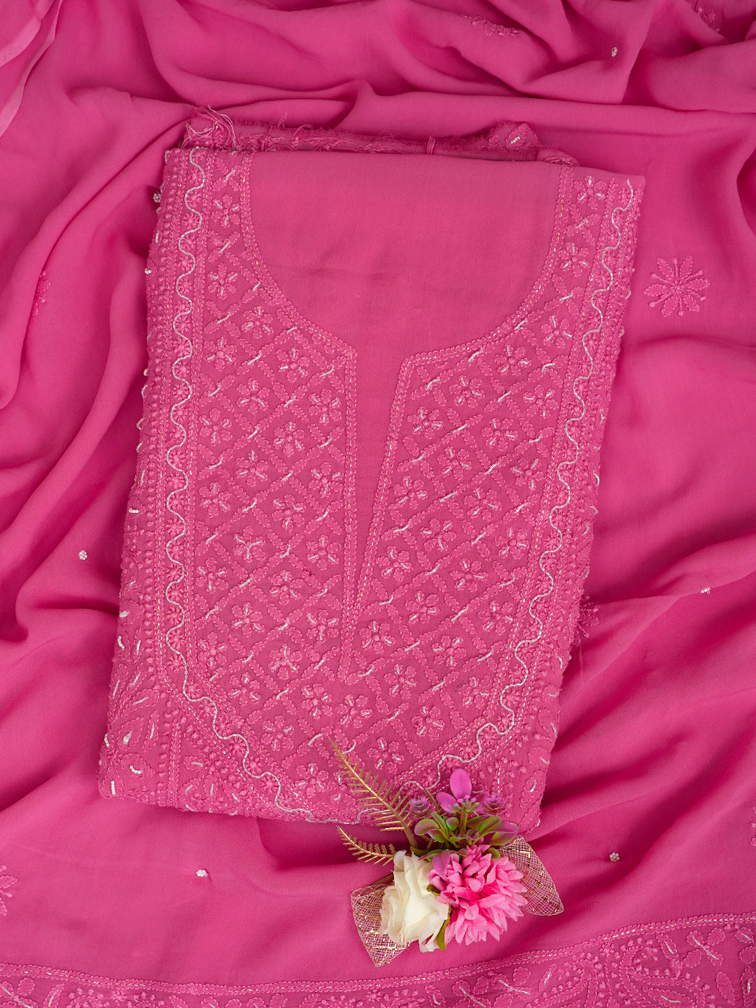 Ada Hand Embroidered Pink Viscose Georgette Lucknowi Chikankari Unstitched Kurta Dupatta Set With Pearl, Sequinned & Cutdana Work 01A933511