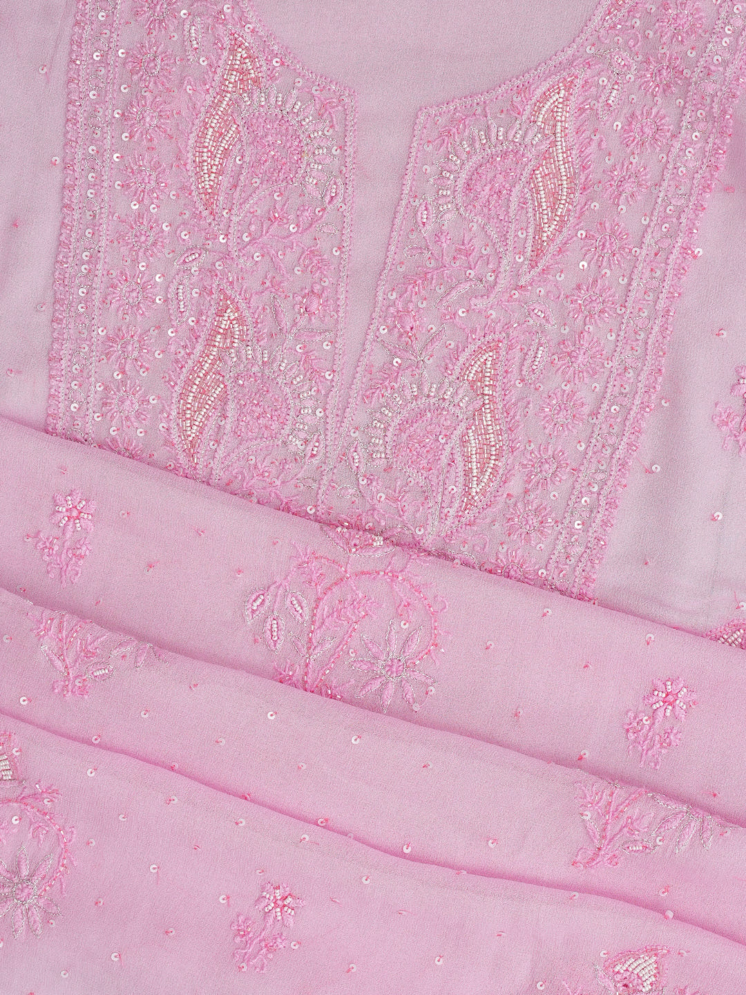 Ada Hand Embroidered Pink Viscose Georgette Lucknowi Chikankari Unstitched Kurta Dupatta Set With Sequinned Work 01A771739