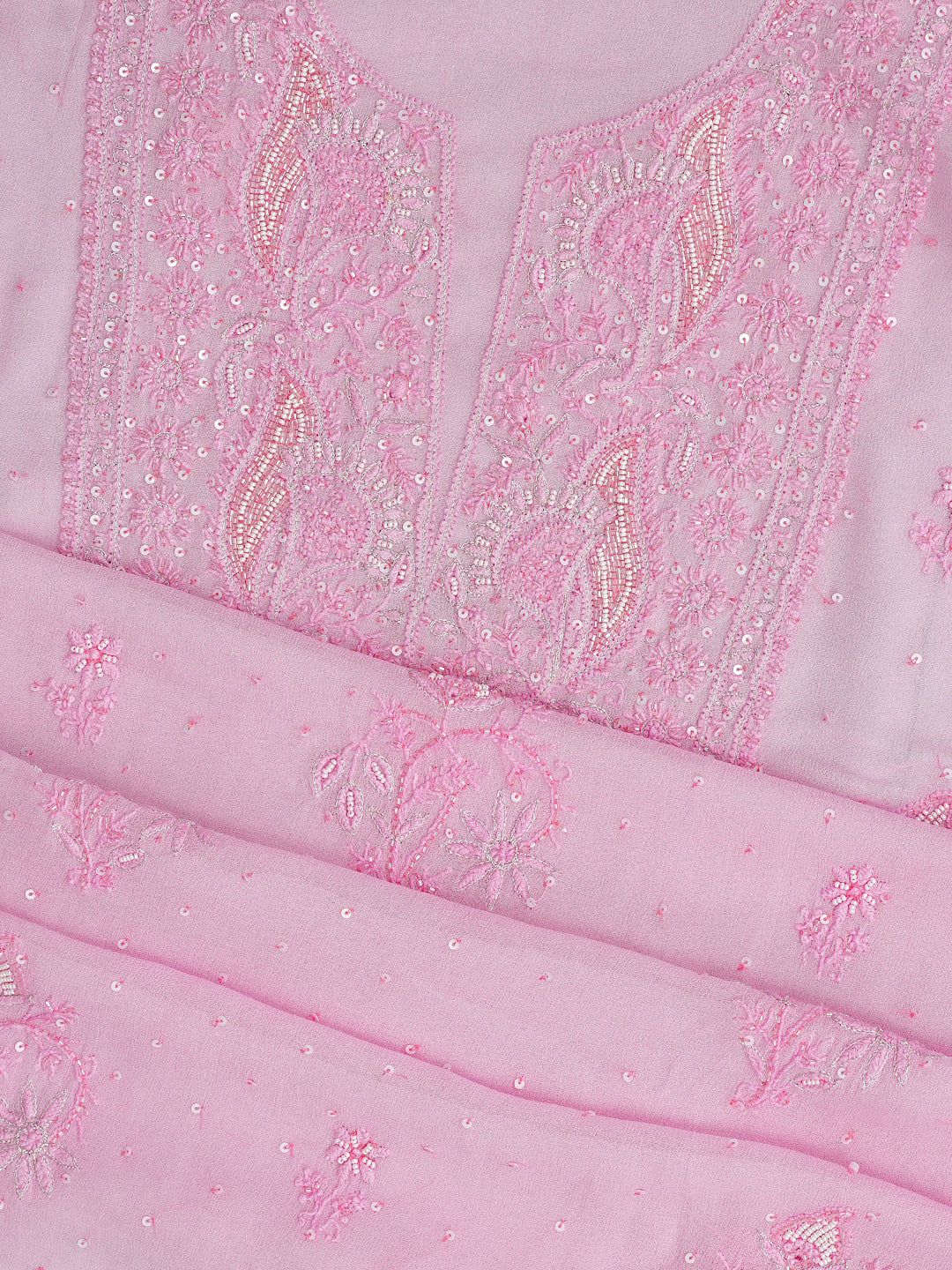 Ada Hand Embroidered Pink Viscose Georgette Lucknowi Chikankari Unstitched Kurta Dupatta Set With Sequinned Work 01A771739