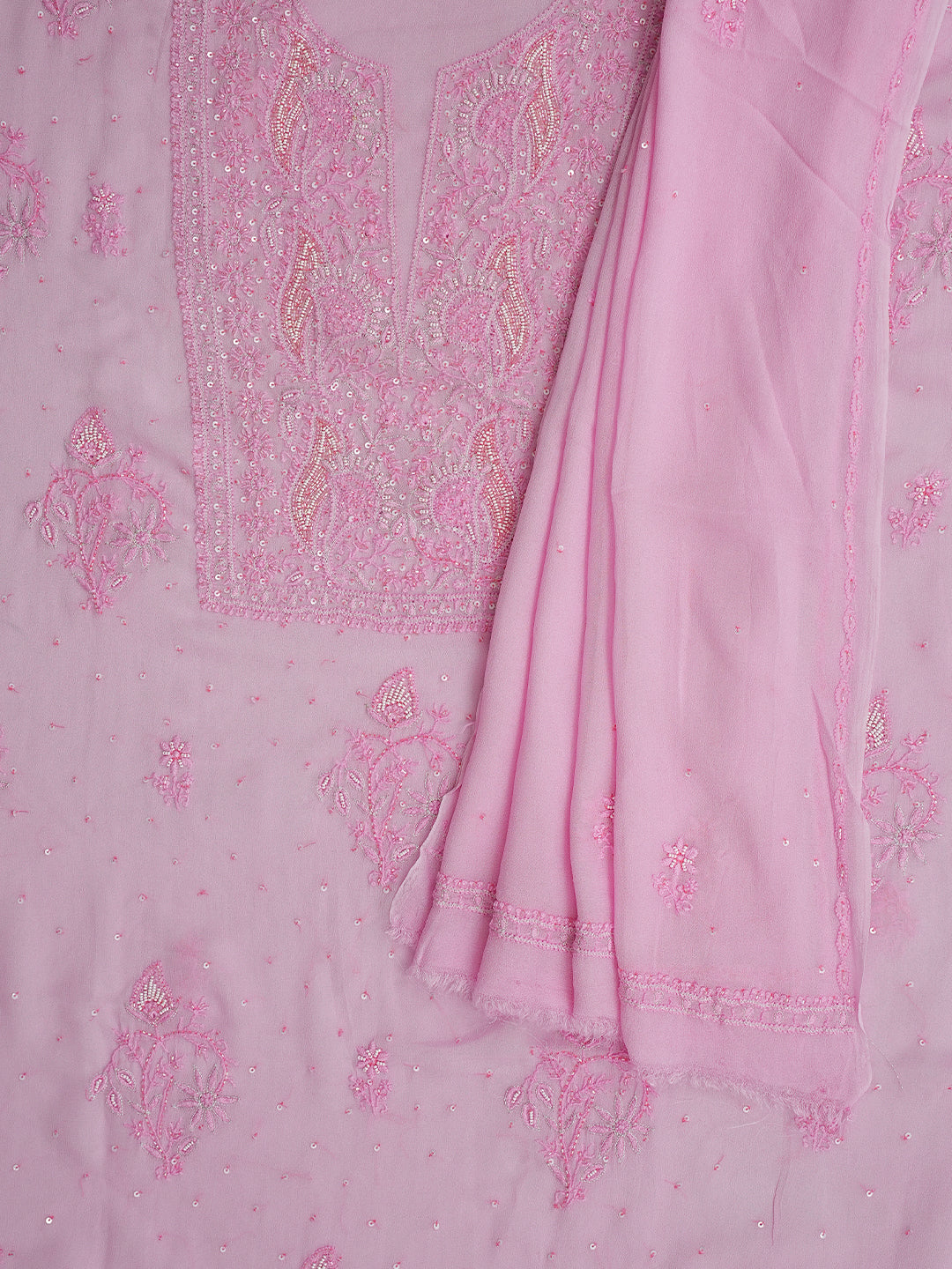 Ada Hand Embroidered Pink Viscose Georgette Lucknowi Chikankari Unstitched Kurta Dupatta Set With Sequinned Work 01A771739