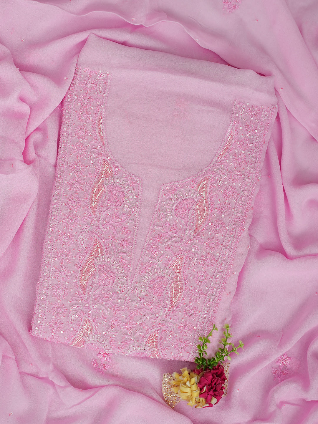 Ada Hand Embroidered Pink Viscose Georgette Lucknowi Chikankari Unstitched Kurta Dupatta Set With Sequinned Work 01A771739