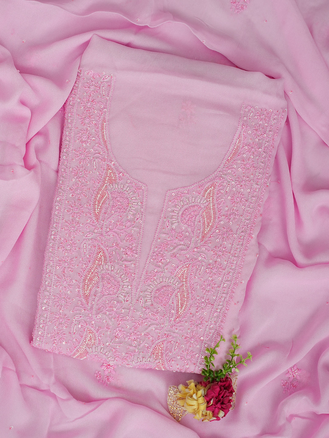 Ada Hand Embroidered Pink Viscose Georgette Lucknowi Chikankari Unstitched Kurta Dupatta Set With Sequinned Work 01A771739
