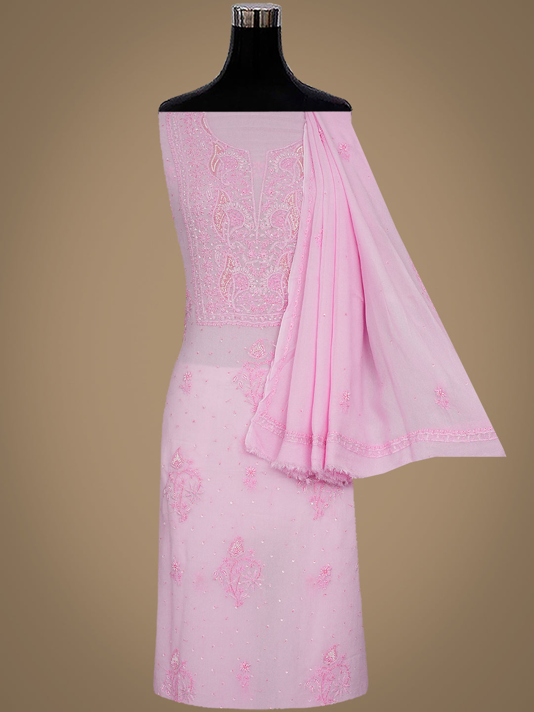 Ada Hand Embroidered Pink Viscose Georgette Lucknowi Chikankari Unstitched Kurta Dupatta Set With Sequinned Work 01A771739