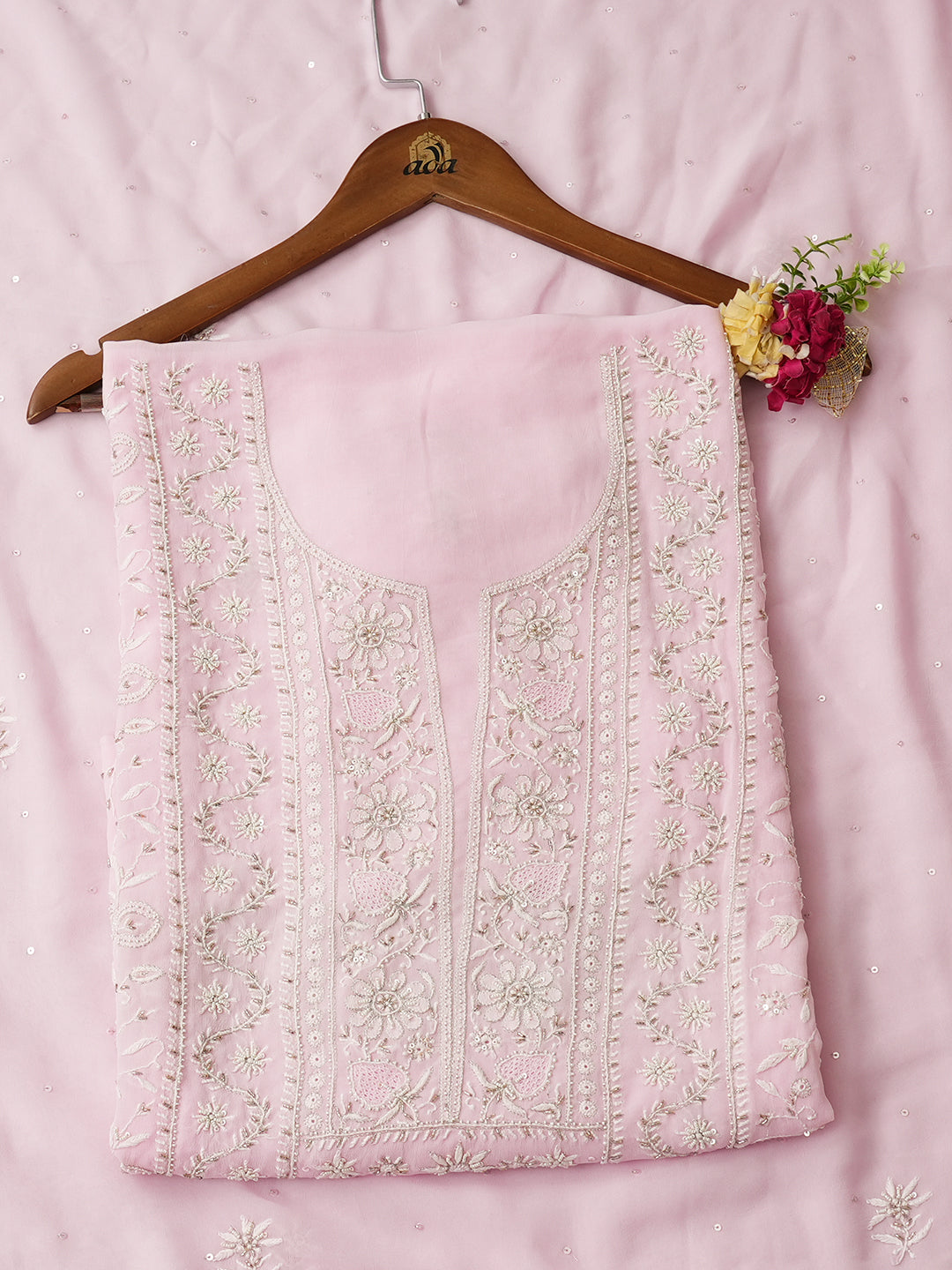 Ada Hand Embroidered Pink Viscose Georgette Lucknowi Chikankari Unstitched Kurta Dupatta With Cutdana Work 01A887971