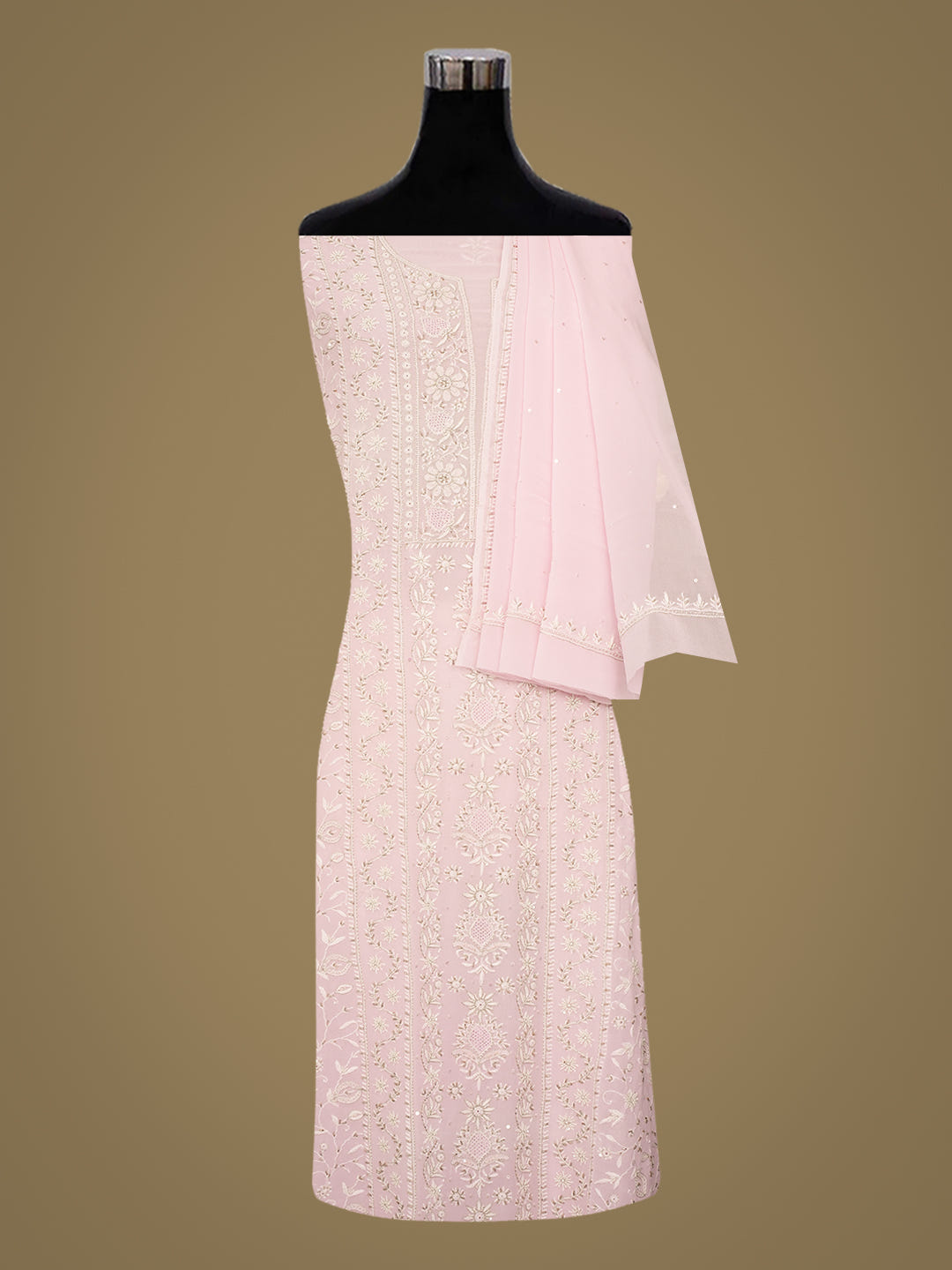 Ada Hand Embroidered Pink Viscose Georgette Lucknowi Chikankari Unstitched Kurta Dupatta Set With Cutdana Work 01A887971