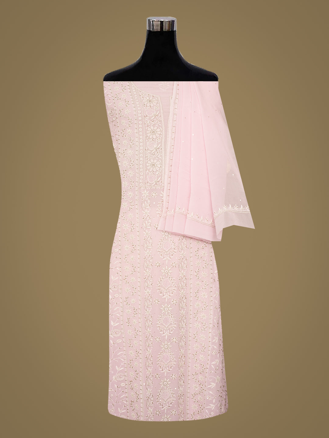 Ada Hand Embroidered Pink Viscose Georgette Lucknowi Chikankari Unstitched Kurta Dupatta With Cutdana Work 01A887971