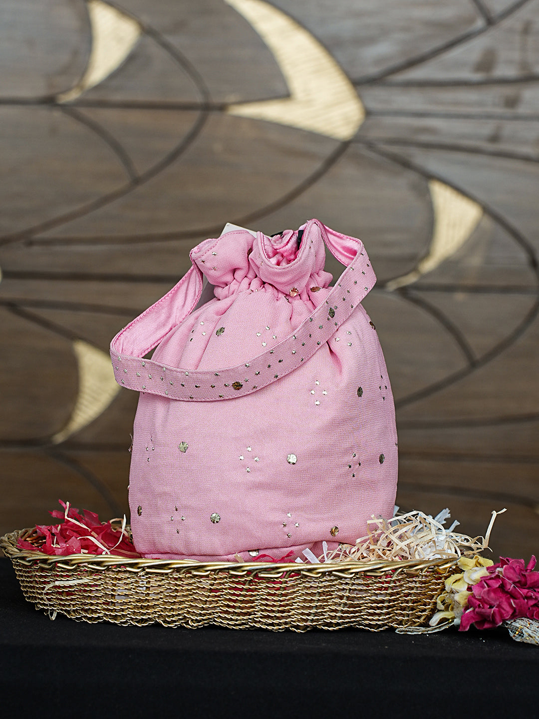 Ada Hand Embroidered Pink Viscosse Georgette Lucknowi Chikankari Potli Bag With Muqaish/Mukaish Work 01A922785