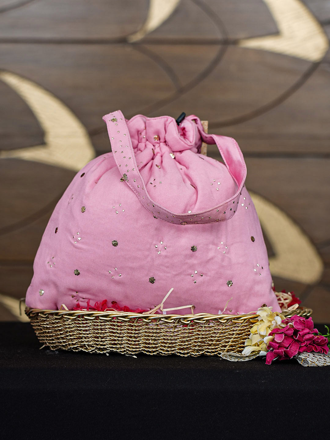 Ada Hand Embroidered Pink Viscosse Georgette Lucknowi Chikankari Potli Bag With Muqaish/Mukaish Work 01A955269