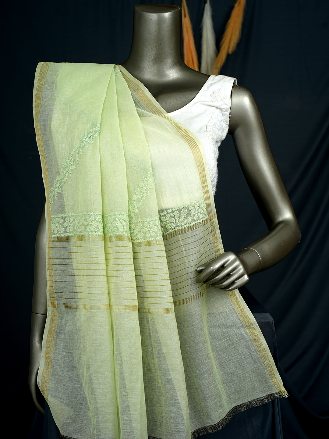 Ada Hand Embroidered Pista Green Chanderi Lucknowi Chikankari Dupatta 01A902977