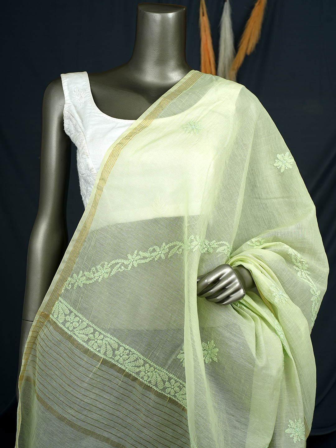 Ada Hand Embroidered Pista Green Chanderi Lucknowi Chikankari Dupatta 01A902977