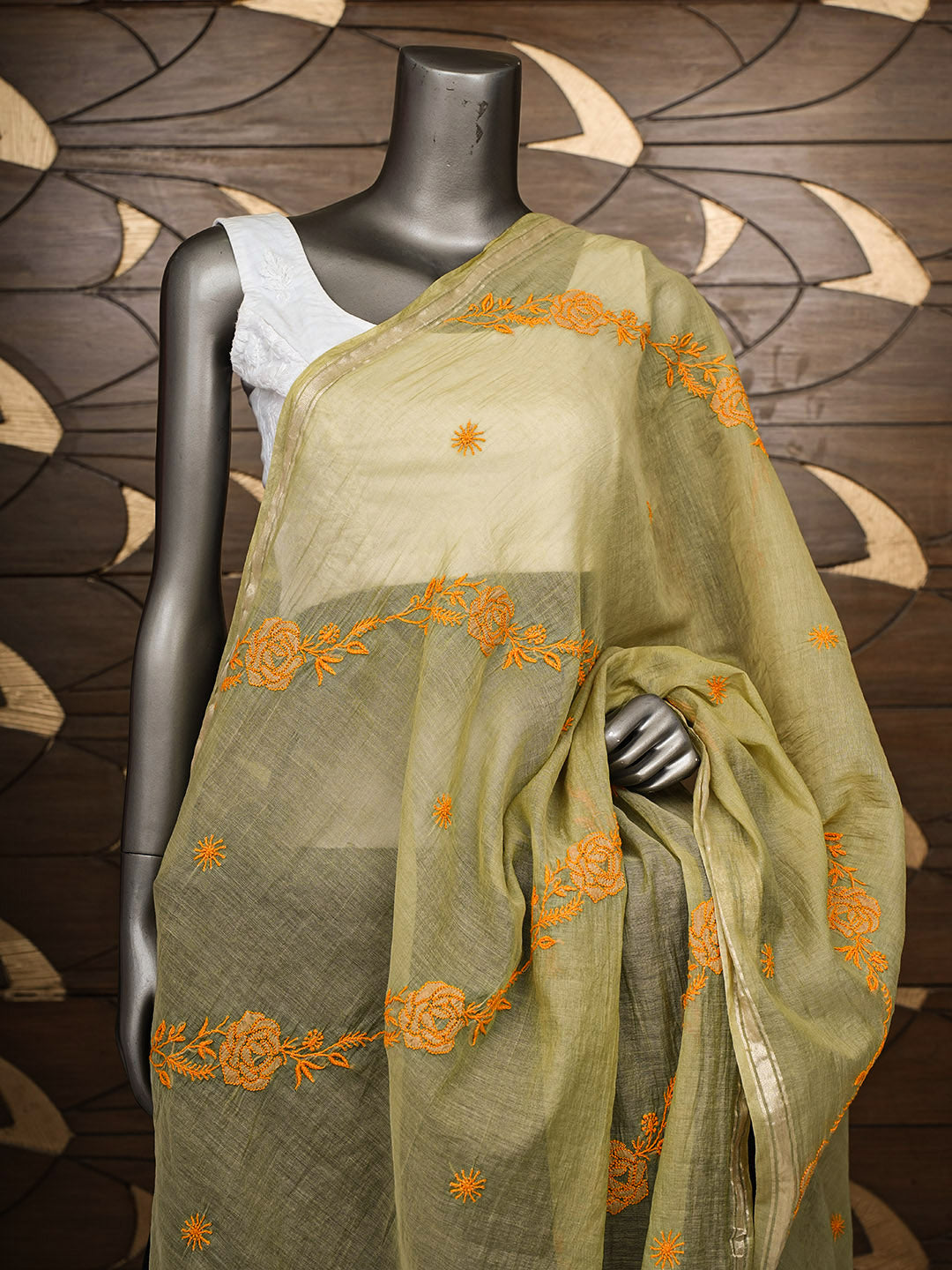 Ada Hand Embroidered Pista Green Chanderi Lucknowi Chikankari Dupatta 07A501793