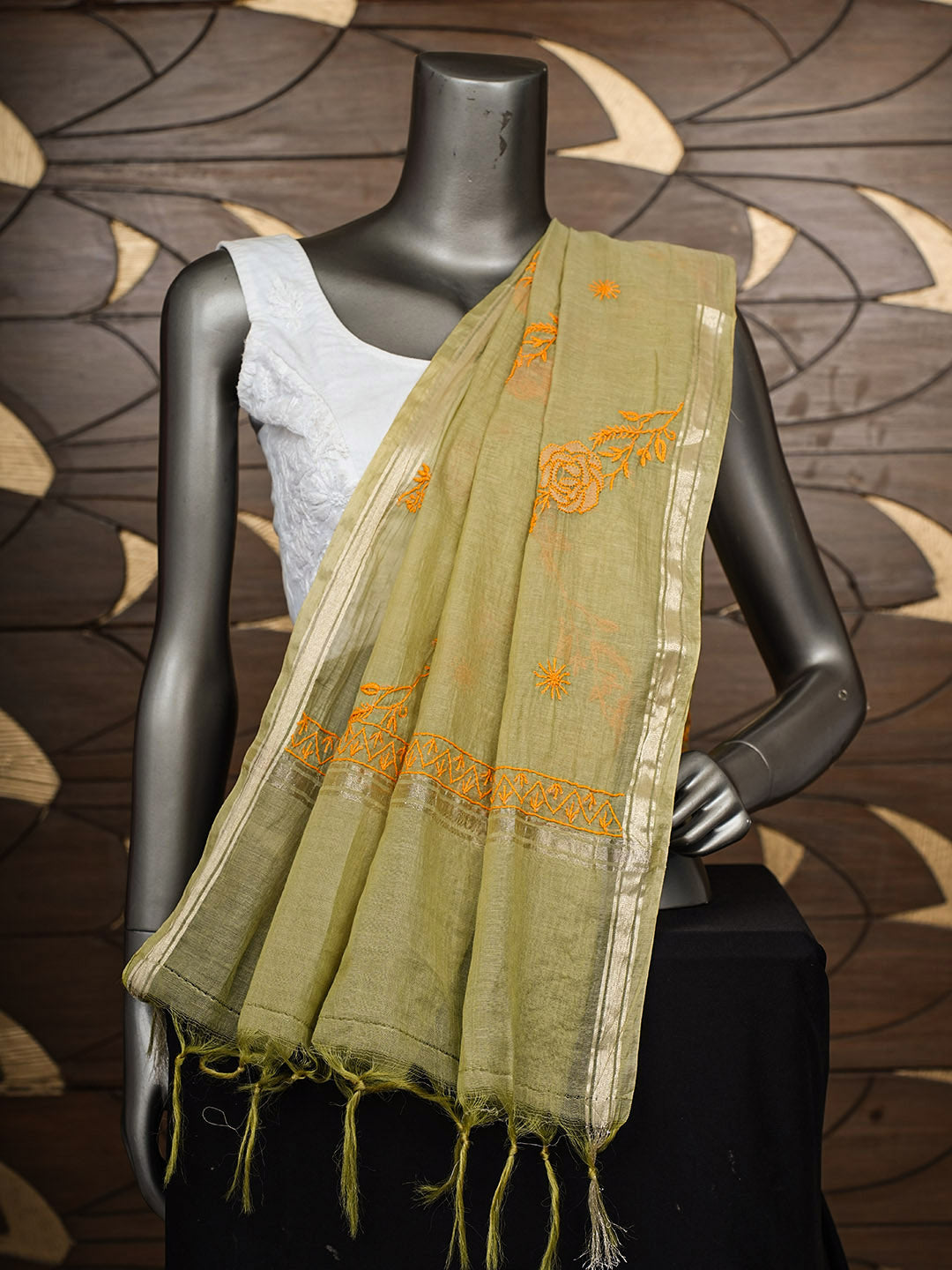 Ada Hand Embroidered Pista Green Chanderi Lucknowi Chikankari Dupatta 07A501793