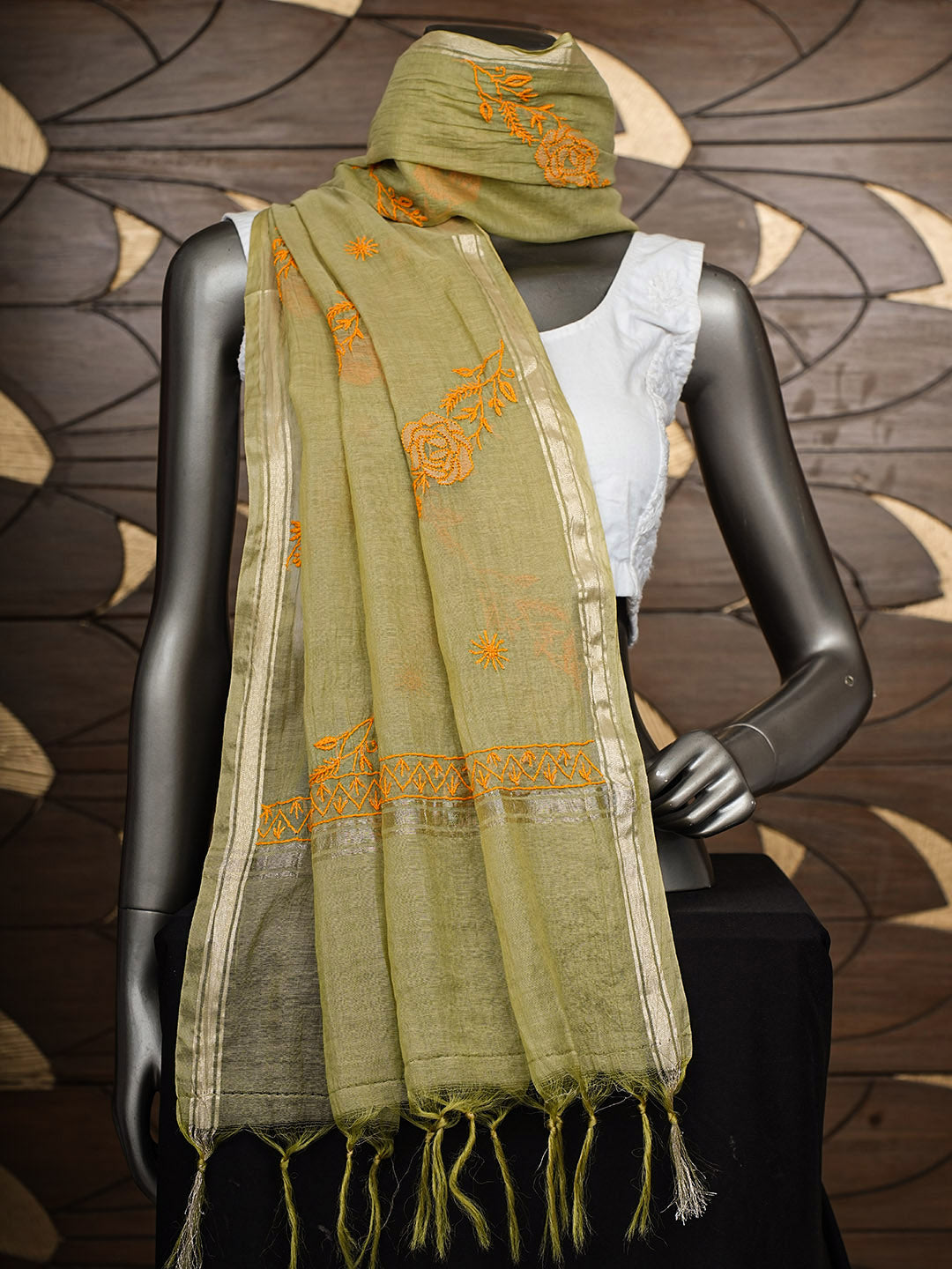 Ada Hand Embroidered Pista Green Chanderi Lucknowi Chikankari Dupatta 07A501793
