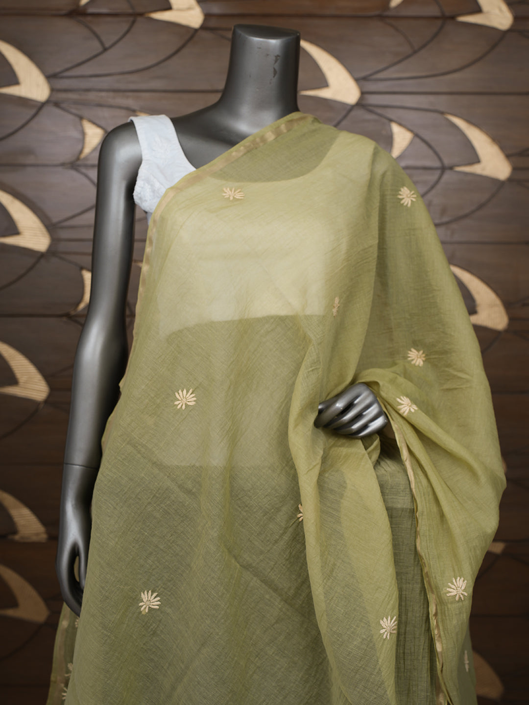 Ada Hand Embroidered Pista Green Chanderi Lucknowi Chikankari Dupatta 07A501813