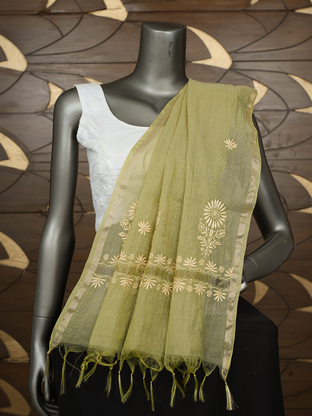 Ada Hand Embroidered Pista Green Chanderi Lucknowi Chikankari Dupatta 07A501813