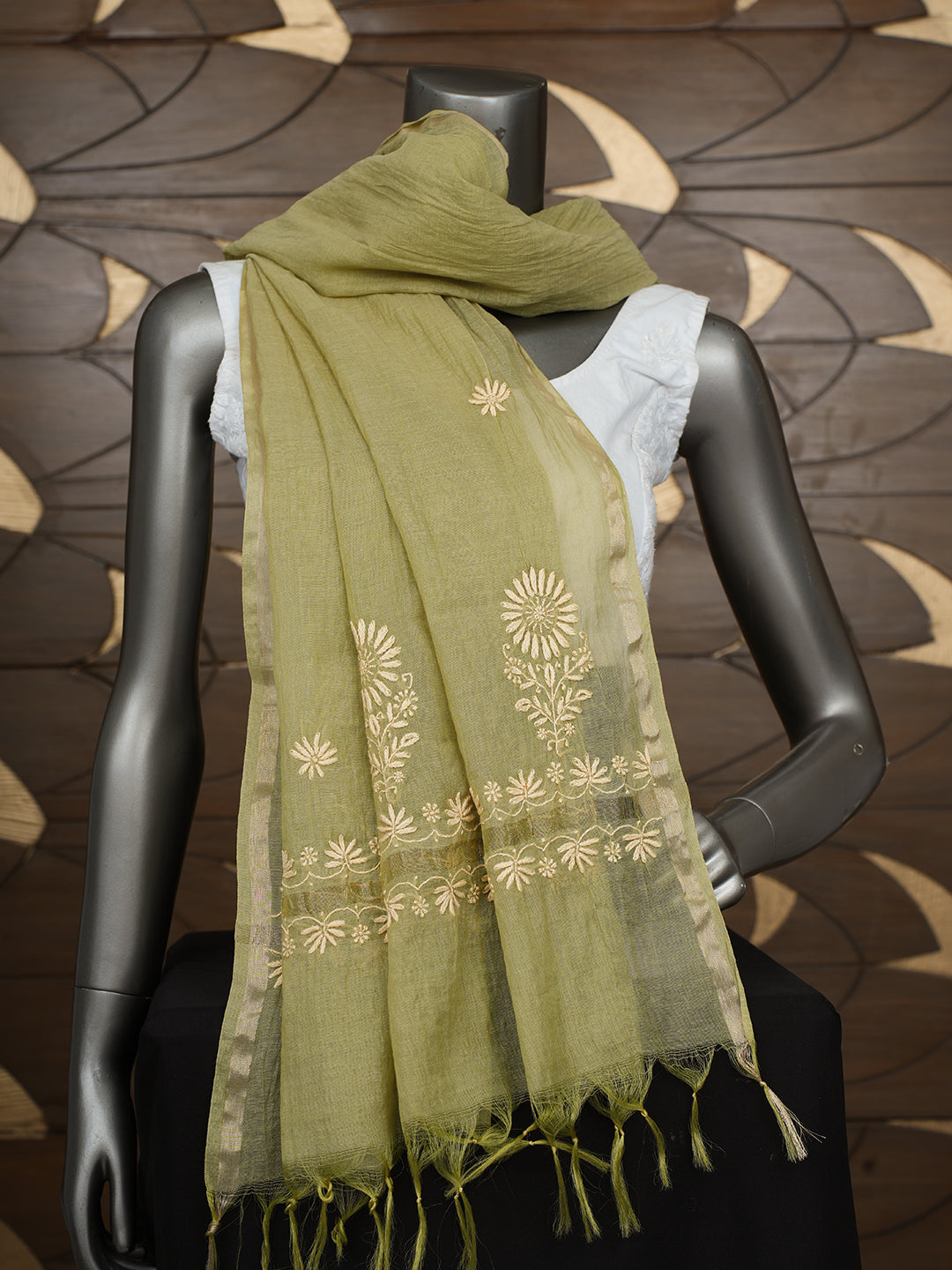 Ada Hand Embroidered Pista Green Chanderi Lucknowi Chikankari Dupatta 07A501813