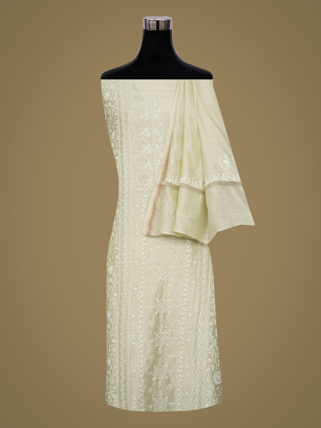 Ada Hand Embroidered Pista Green Chanderi Lucknowi Chikankari Unstitched Kurta Dupatta Set With Cutdana Work 01A936367