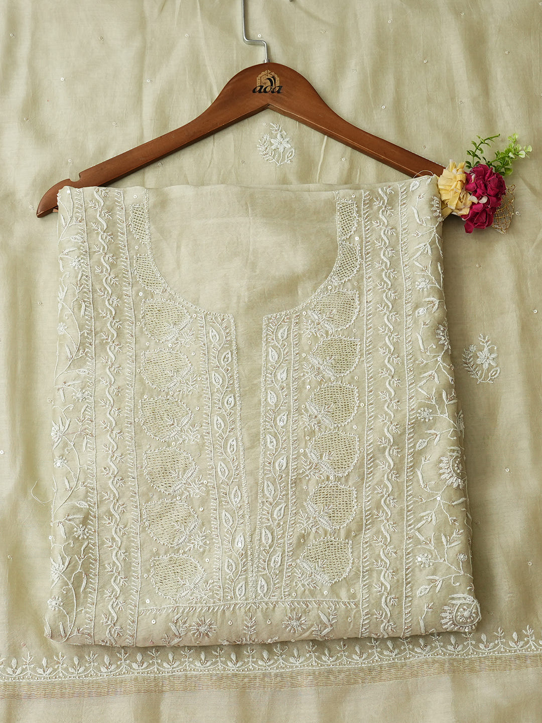 Ada Hand Embroidered Pista Green Chanderi Lucknowi Chikankari Unstitched Kurta Dupatta Set With Cutdana Work 01A936367