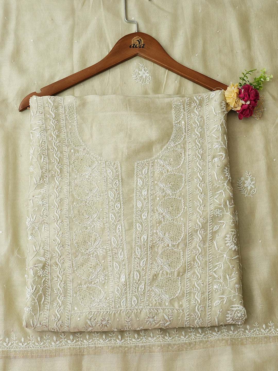 Ada Hand Embroidered Pista Green Chanderi Lucknowi Chikankari Unstitched Kurta Dupatta Set With Cutdana Work 01A936367