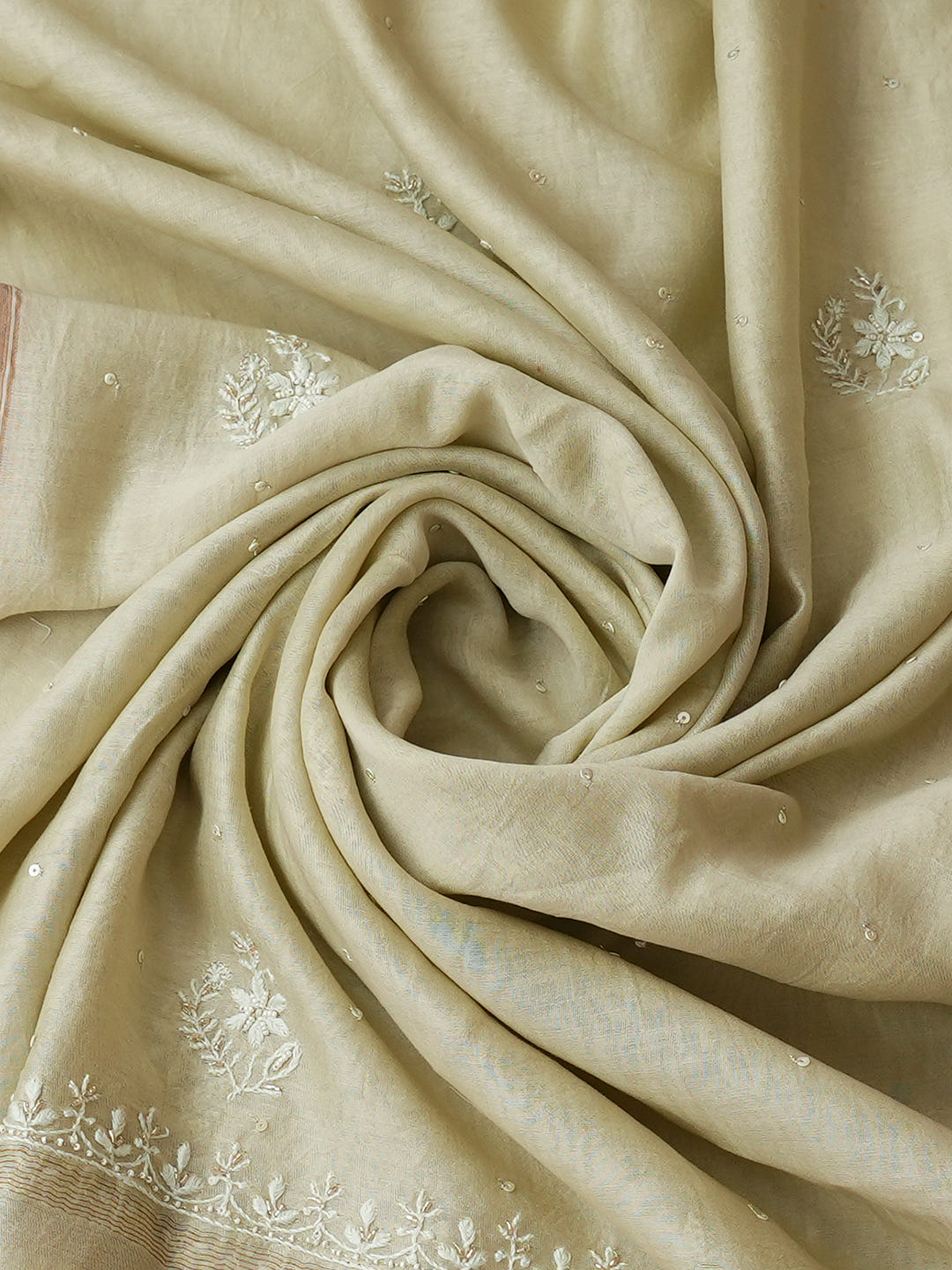 Ada Hand Embroidered Pista Green Chanderi Lucknowi Chikankari Unstitched Kurta Dupatta Set With Cutdana Work 01A936367