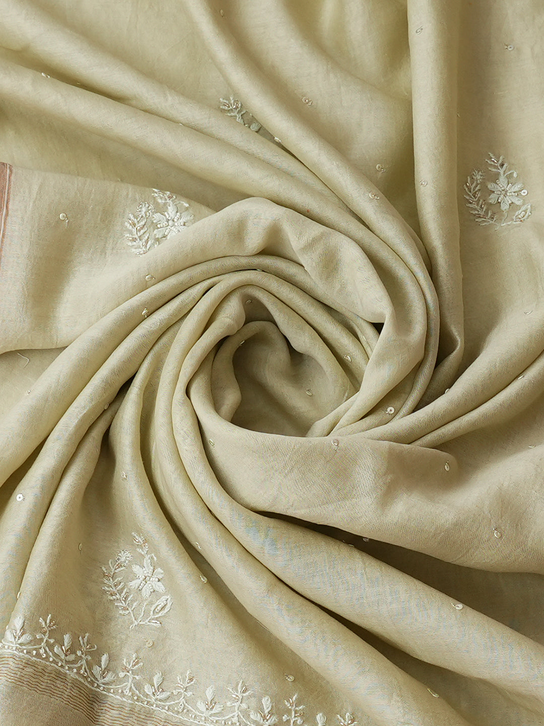 Ada Hand Embroidered Pista Green Chanderi Lucknowi Chikankari Unstitched Kurta Dupatta Set With Cutdana Work 01A936367