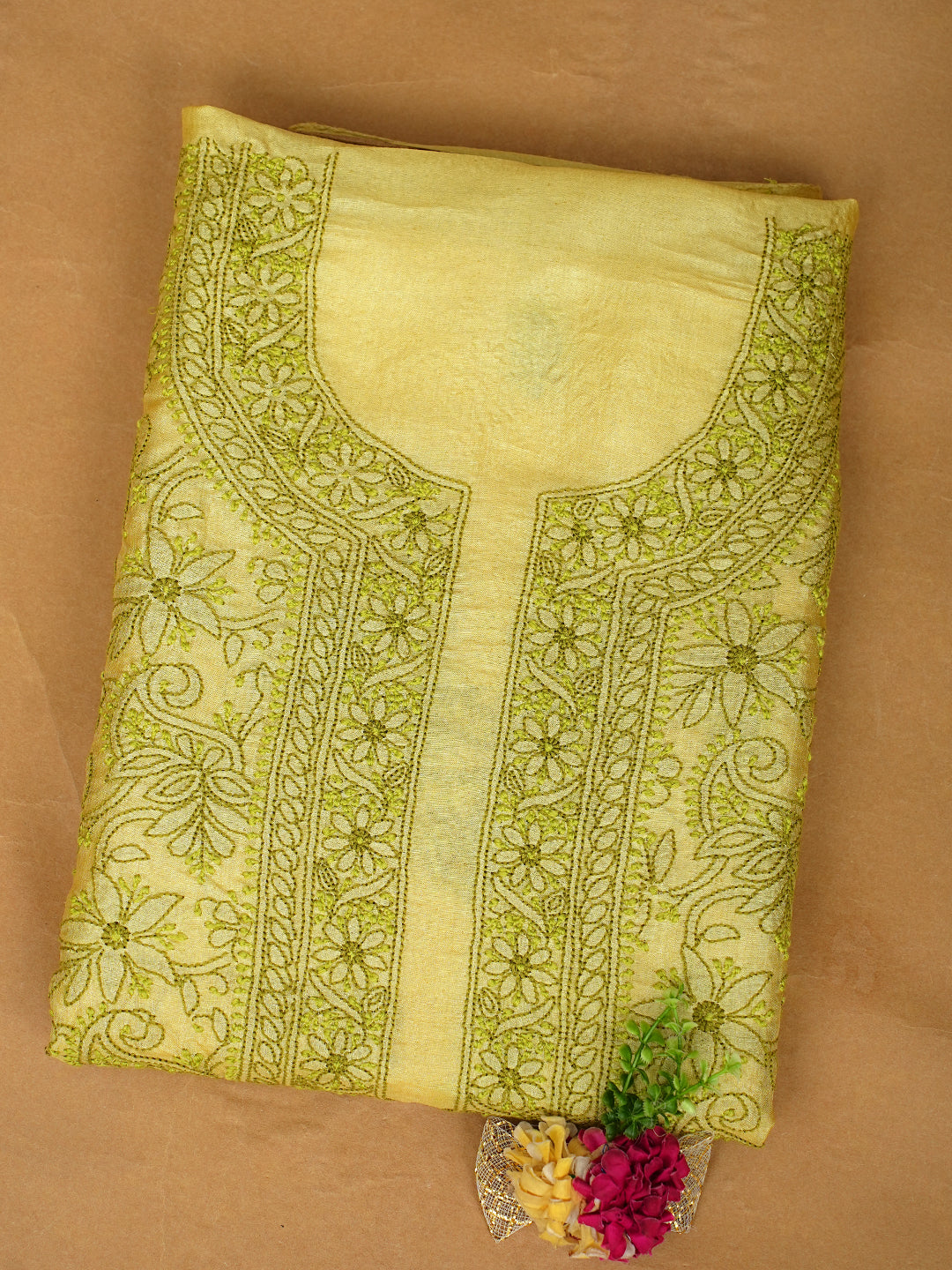 Ada Hand Embroidered Pista Green Silk Lucknowi Chikankari Unstitched Kurta Piece 01A998781