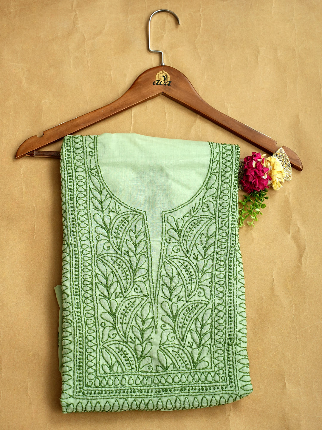 Ada Hand Embroidered Pista Green Cotton Lucknowi Chikankari Unstitched Kurta 01A816587