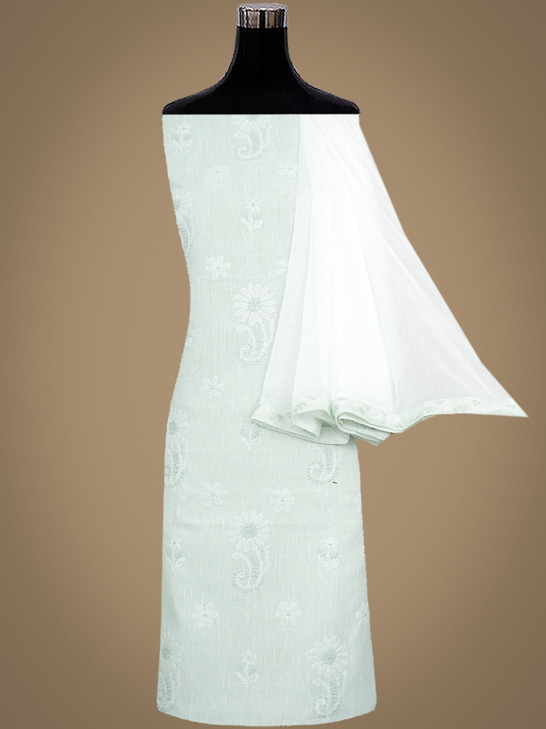 Ada Hand Embroidered Pista Green Linen Lucknowi Chikankari Unstitched Suit Set With Chiffon Dupatta 01A867670