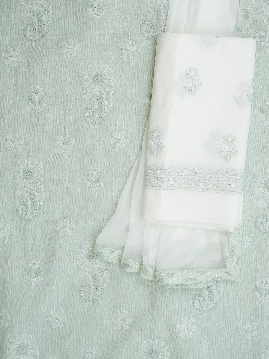 Ada Hand Embroidered Pista Green Linen Lucknowi Chikankari Unstitched Suit Set With Chiffon Dupatta 01A867670
