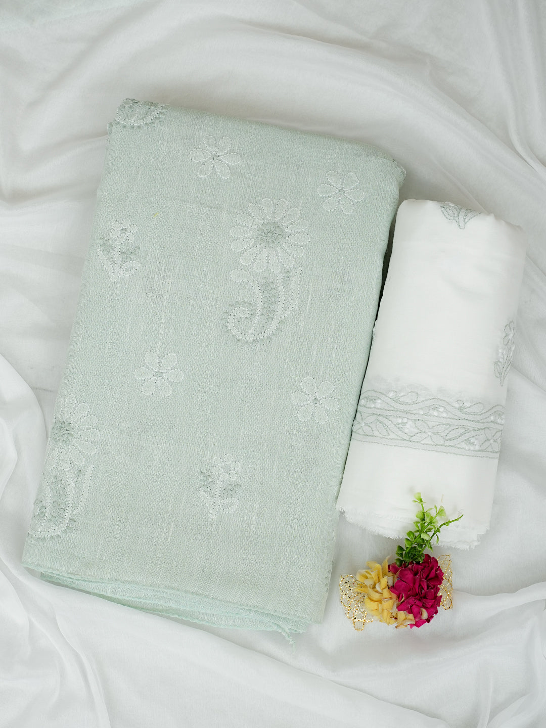 Ada Hand Embroidered Pista Green Linen Lucknowi Chikankari Unstitched Suit Set With Chiffon Dupatta 01A867670