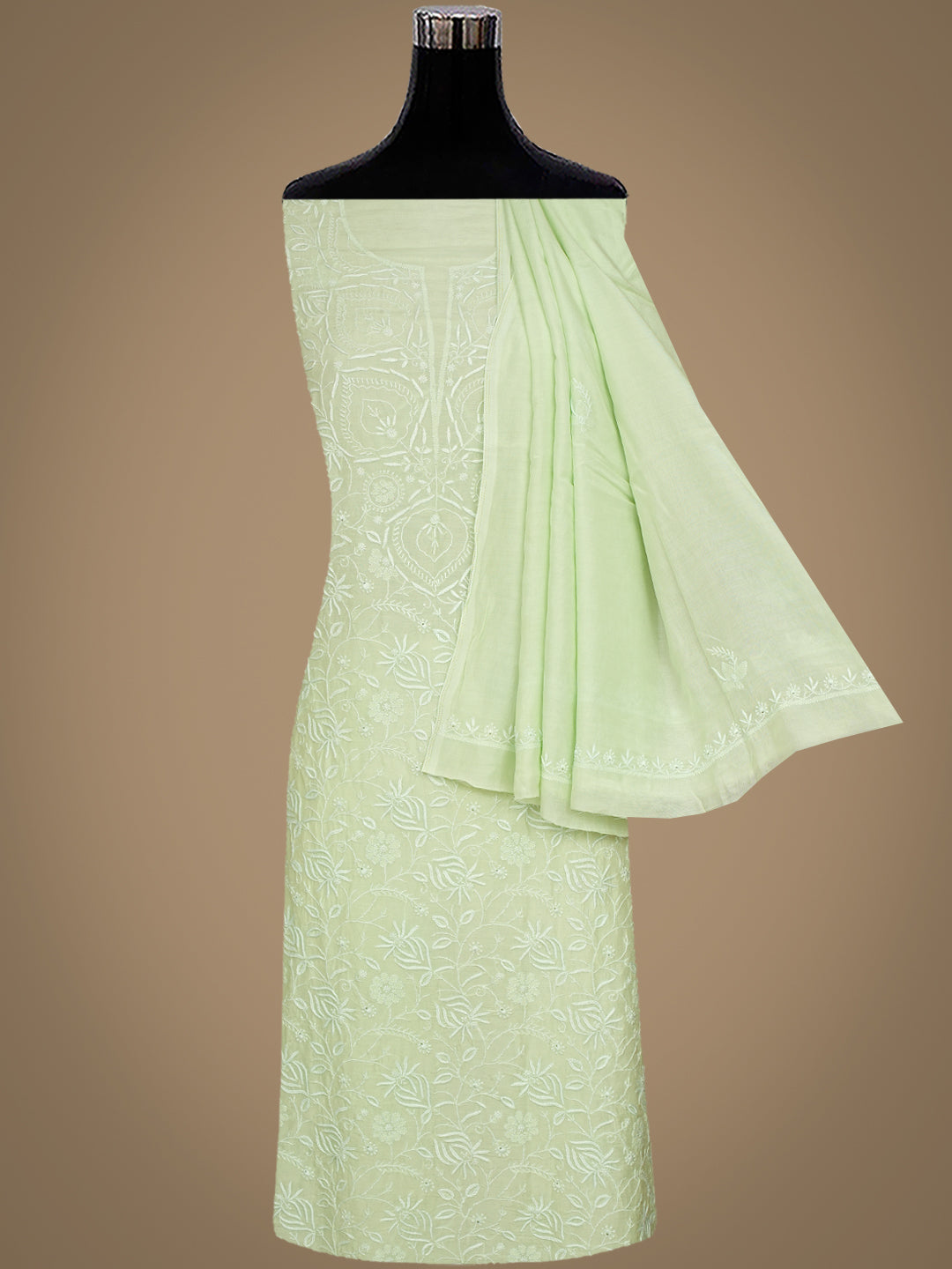 Ada Hand Embroidered Pista Green Maslin Lucknowi ChikankariUnstitched Kurta Dupatta Set 01A643191
