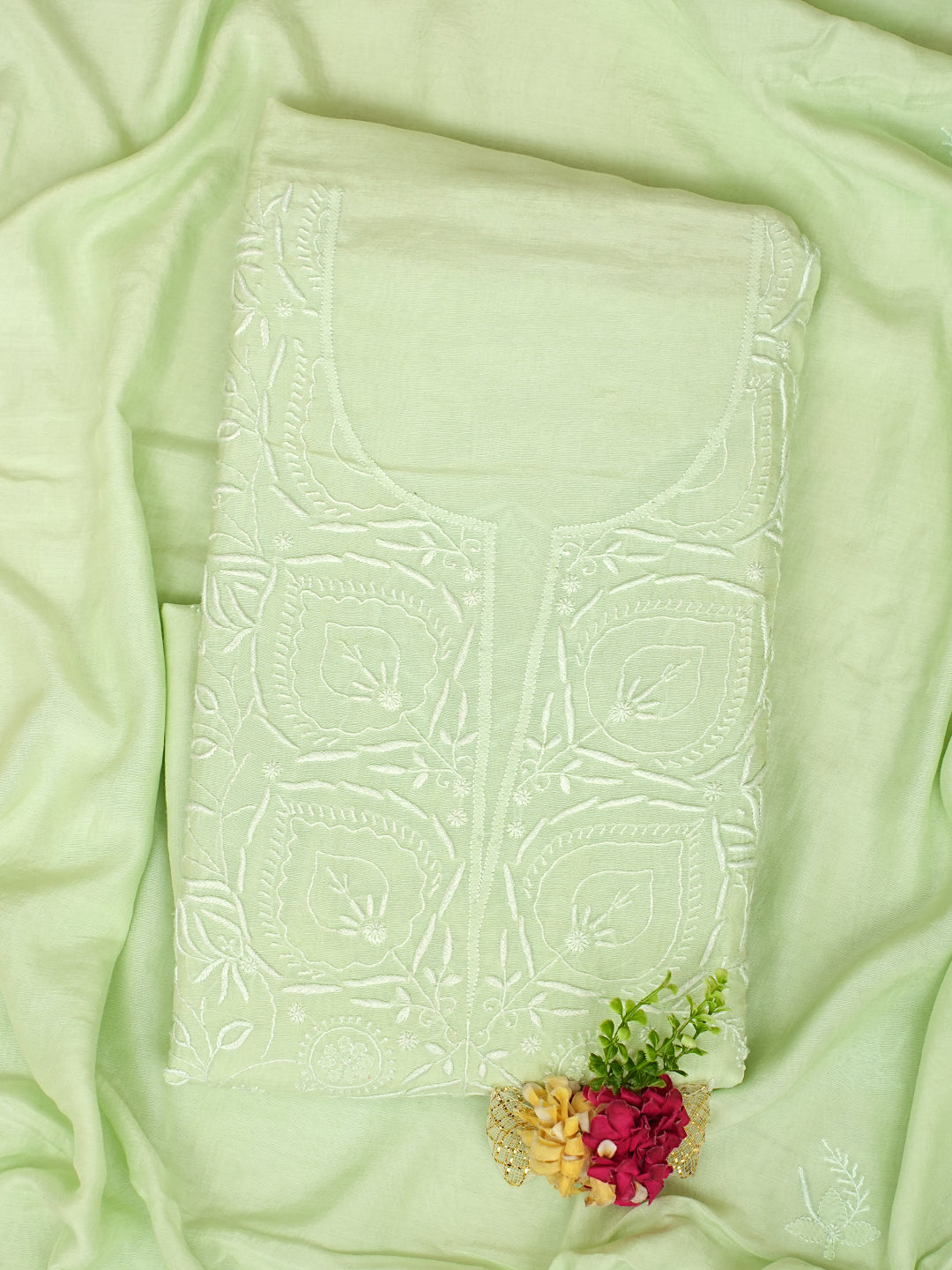 Ada Hand Embroidered Pista Green Maslin Lucknowi ChikankariUnstitched Kurta Dupatta Set 01A643191