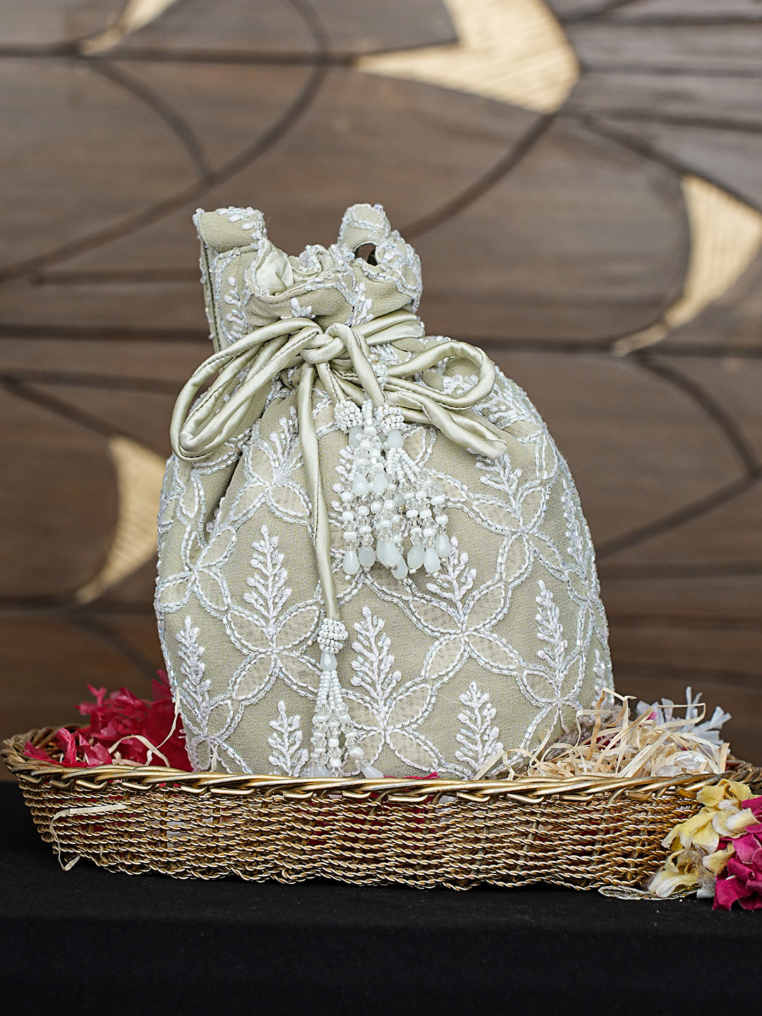 Ada Hand Embroidered Pista Green Viscose Georgette Lucknowi Chikankari Potli Bag With Cutdana Work 01A983540