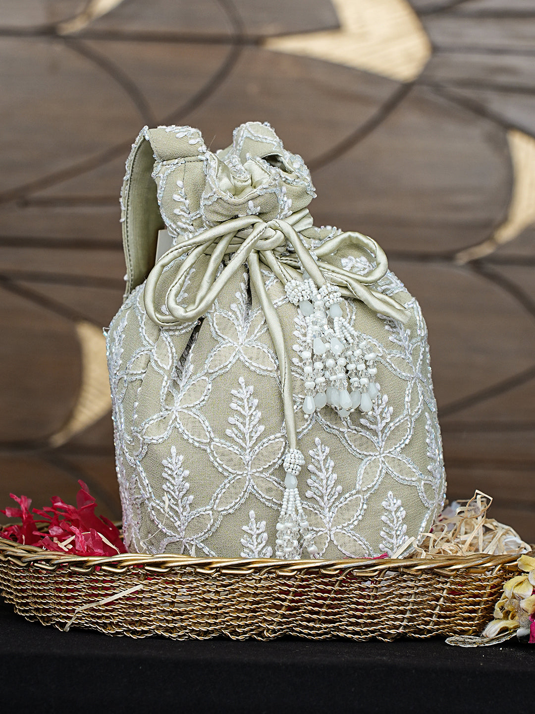 Ada Hand Embroidered Pista Green Viscose Georgette Lucknowi Chikankari Potli Bag With Cutdana Work 01A983540