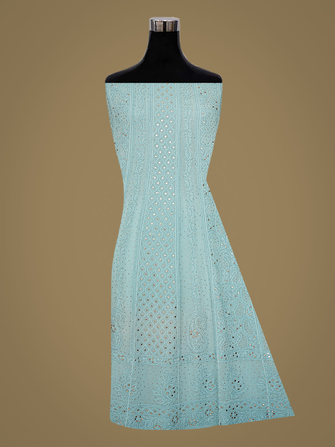 Ada Hand Embroidered Powder Blue Viscose Georgette Lucknowi Chikankari Semi-Stitched Anarkali Kurta Dupatta Set With Muqaish/Mukaish Work 01A957670