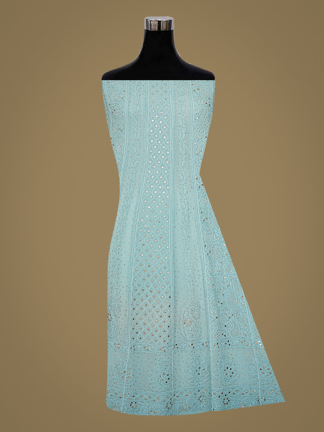 Ada Hand Embroidered Powder Blue Viscose Georgette Lucknowi Chikankari Semi-Stitched Anarkali Kurta Dupatta Set With Muqaish/Mukaish Work 01A957670