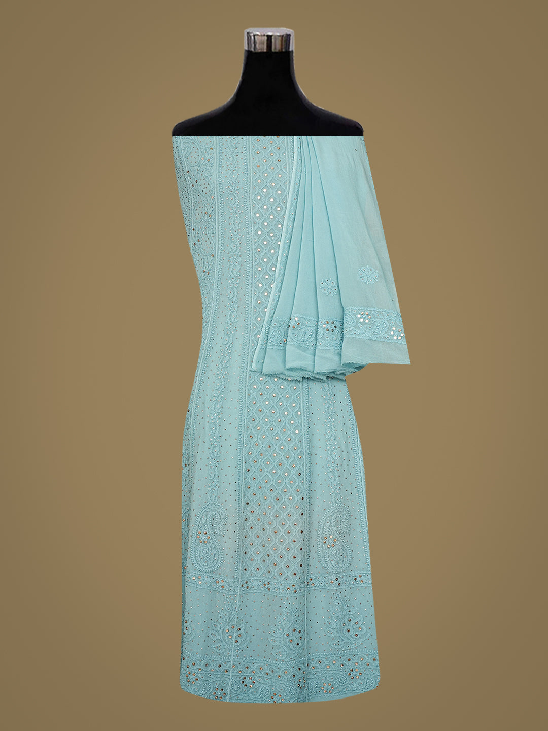 Ada Hand Embroidered Powder Blue Viscose Georgette Lucknowi Chikankari Semi-Stitched Anarkali Kurta Dupatta Set With Muqaish/Mukaish Work 01A957670