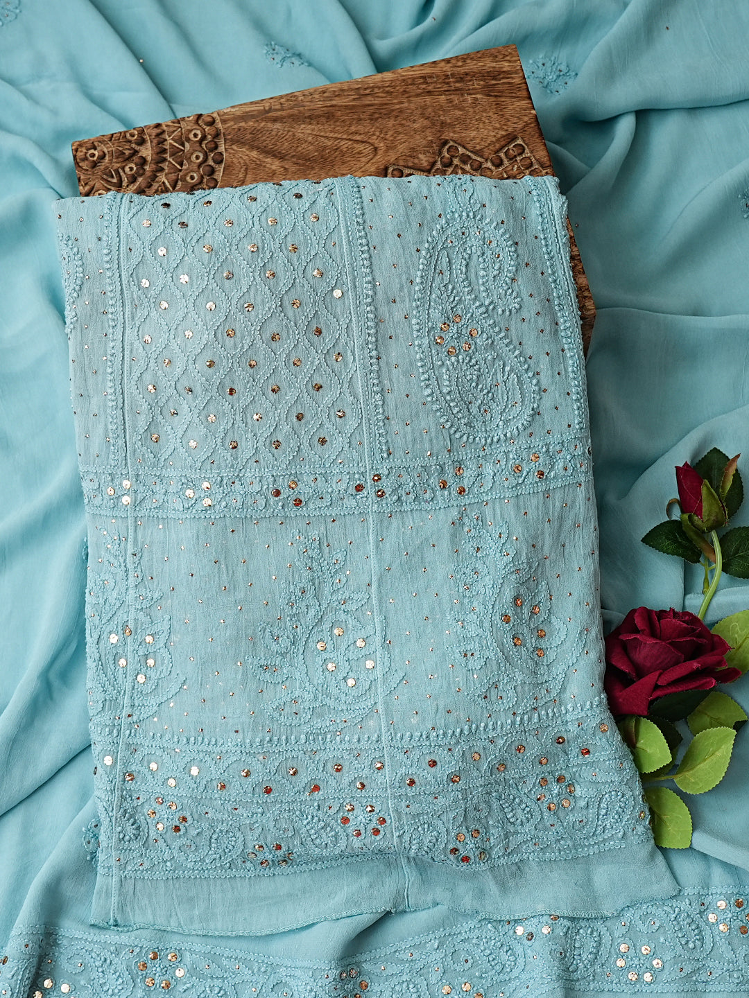 Ada Hand Embroidered Powder Blue Viscose Georgette Lucknowi Chikankari Semi-Stitched Anarkali Kurta Dupatta Set With Muqaish/Mukaish Work 01A957670