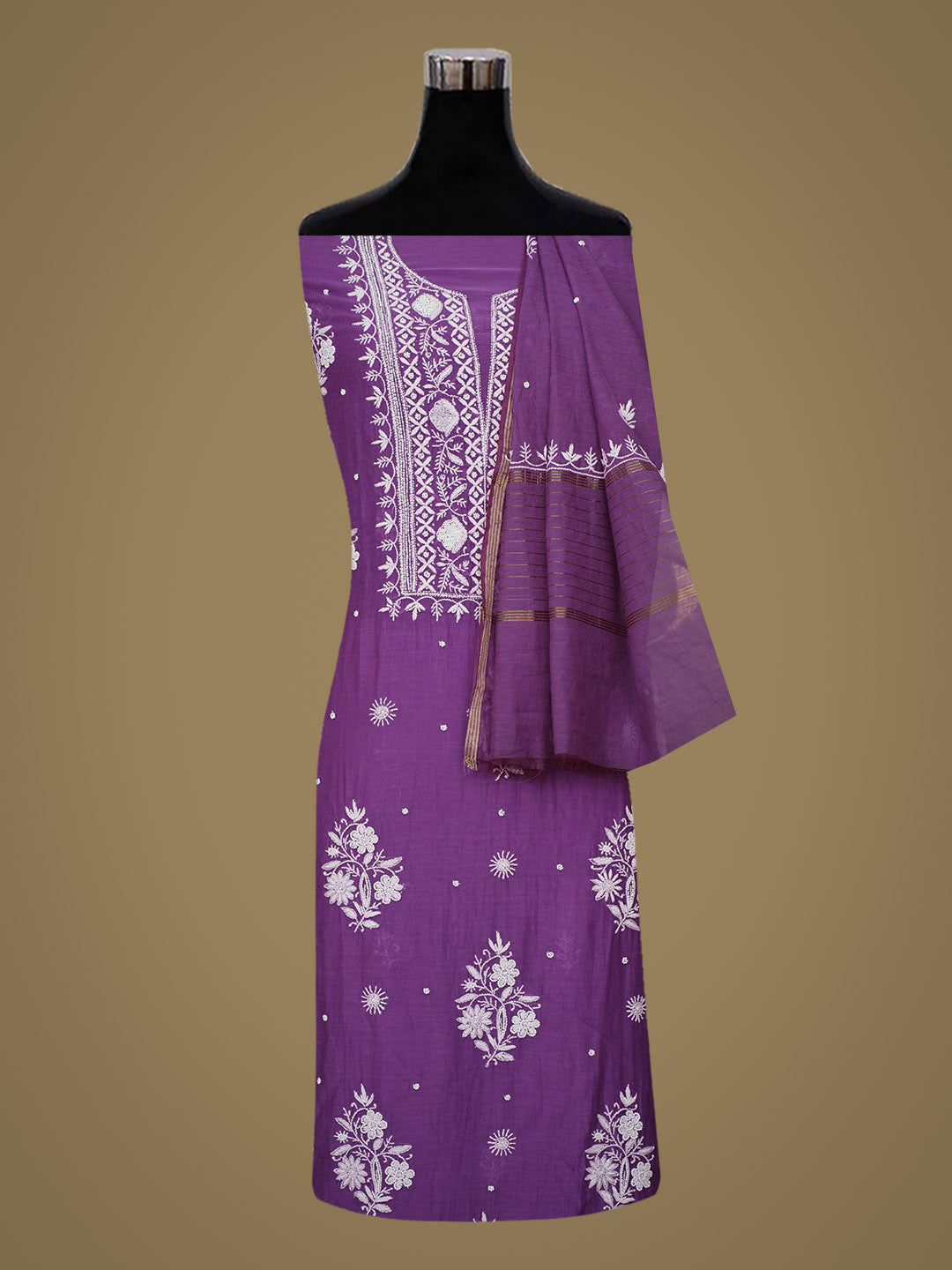 Ada Hand Embroidered Purple Chanderi Unstitched Lucknowi Chikankari Kurta Dupatta With Pearl Work 01A777709