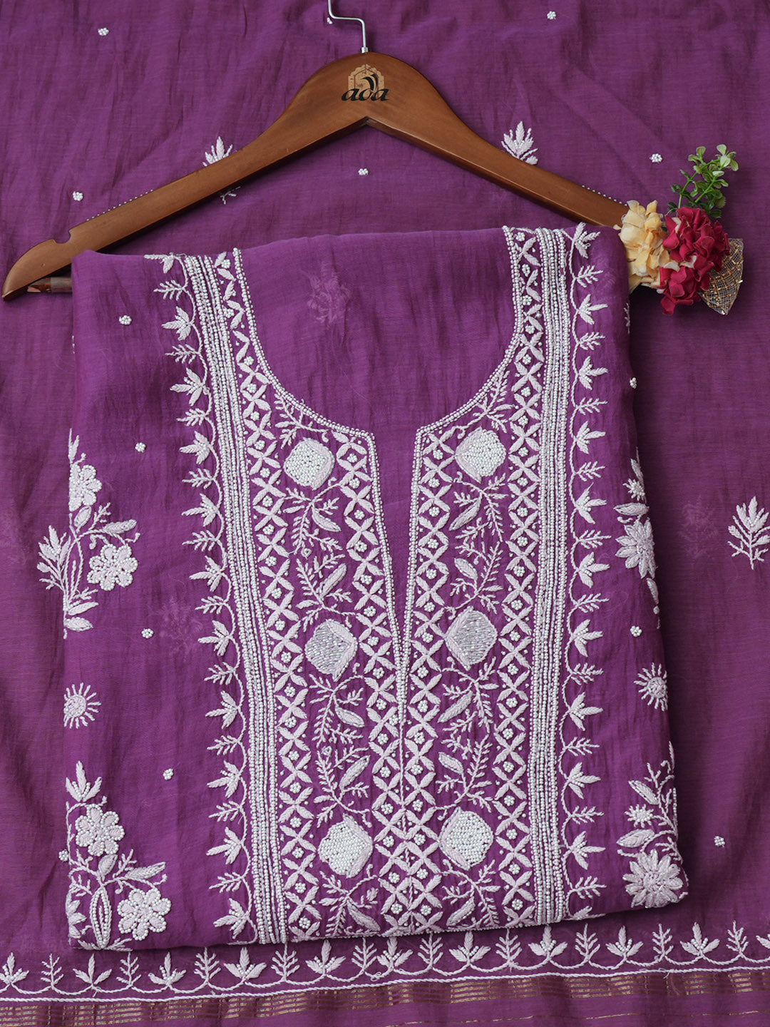 Ada Hand Embroidered Purple Chanderi Unstitched Lucknowi Chikankari Kurta Dupatta With Pearl Work 01A777709