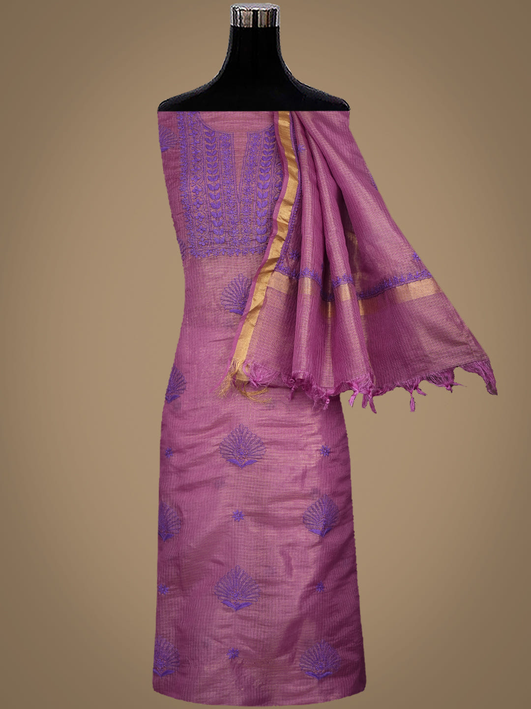 Ada Hand Embroidered Purple Kota Tissue Lucknowi Chikankari Unstitched Kurta Dupatta Set 01A876788
