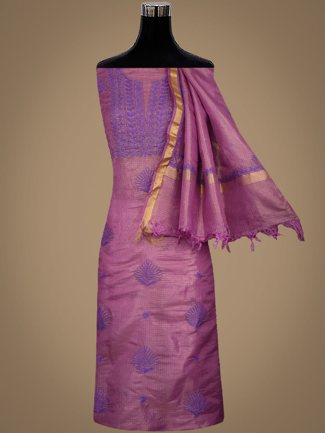 Ada Hand Embroidered Purple Kota Tissue Lucknowi Chikankari Unstitched Kurta Dupatta Set 01A876788