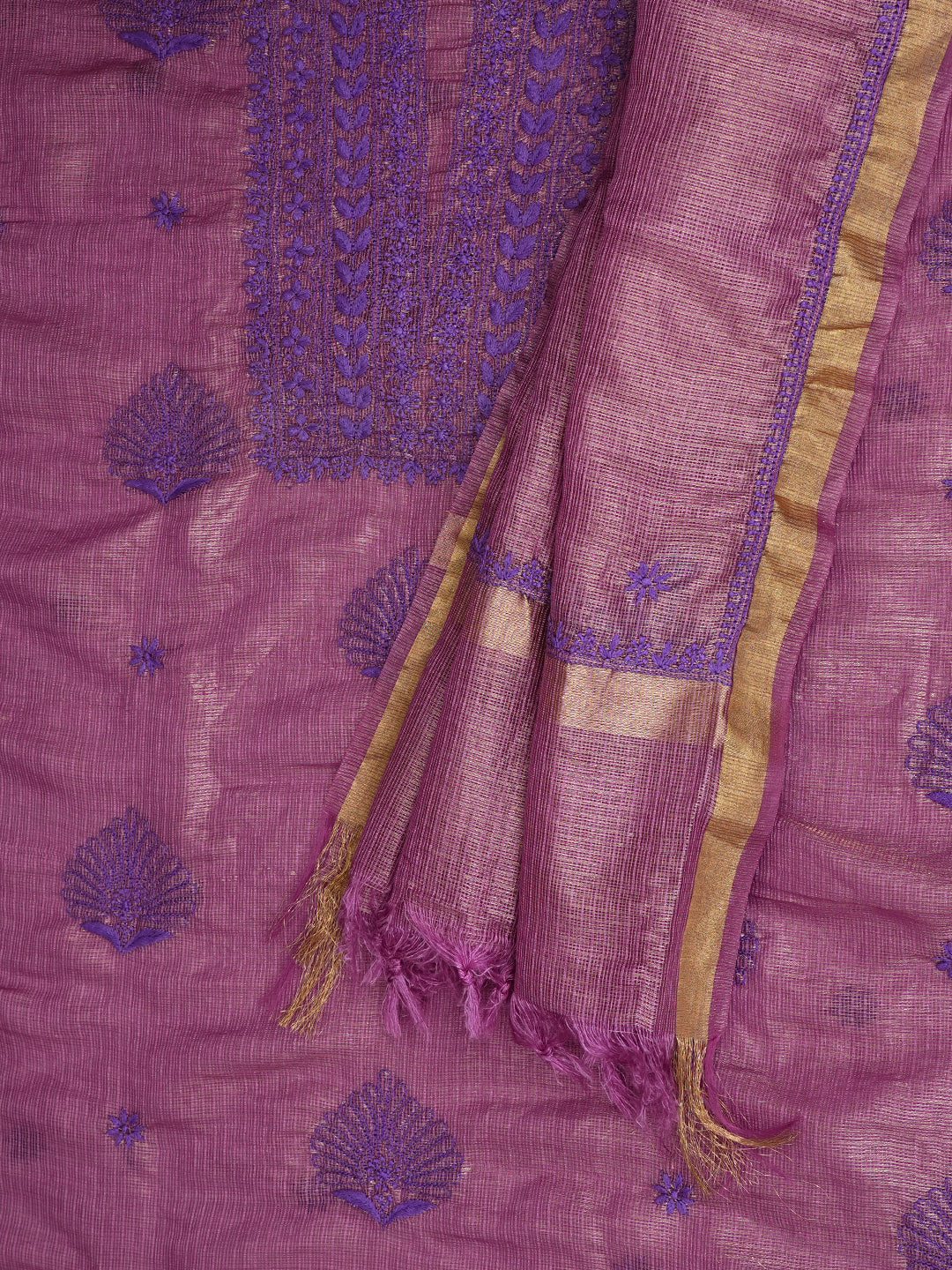 Ada Hand Embroidered Purple Kota Tissue Lucknowi Chikankari Unstitched Kurta Dupatta Set 01A876788